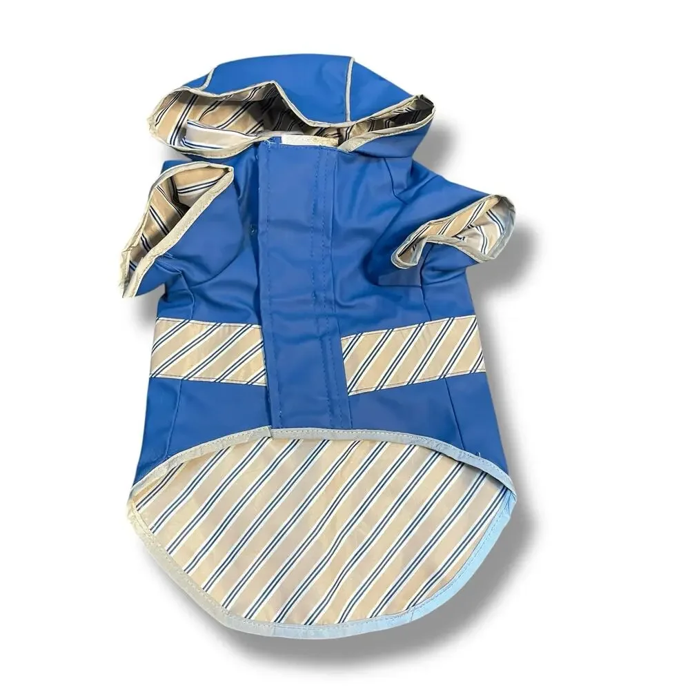 Good2Go XS Dog Raincoat Reversible Blue Striped Hooded Puppy Weather Jacket